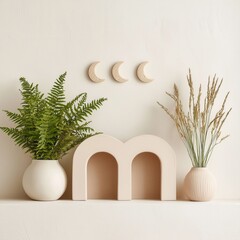Modern Decor with Ferns and Minimalist Vases on a Cream Wall