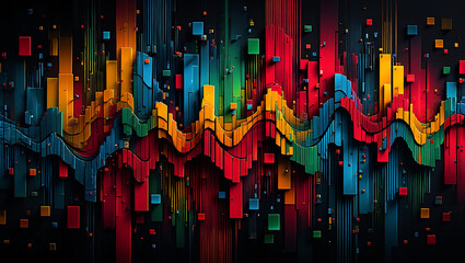 Obraz premium Vibrant abstract waveform of colorful bars and squares against a dark background