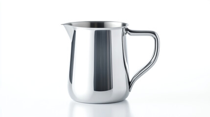 Stainless steel milk frothing pitcher isolated on white background