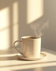 Taza de café animada blanca con diseño minimalista, haciendo un guiño simpático, sobre una encimera de cocina moderna