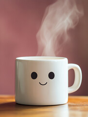 Taza de café blanca estilo minimalista con rostro animado guiñando un ojo, colocada sobre encimera de cocina