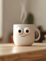 Taza de café blanca estilo minimalista con rostro animado guiñando un ojo, colocada sobre encimera de cocina