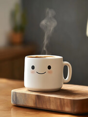 Taza de café blanca estilo minimalista con rostro animado guiñando un ojo, colocada sobre encimera de cocina