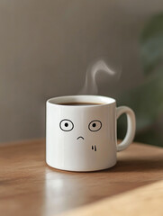 Taza de café blanca estilo minimalista con rostro animado guiñando un ojo, colocada sobre encimera de cocina