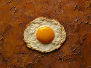 Top-down view of sunny-side-up fried egg on rough orange textured surface, warm tones, sharp focus on egg details, food styling for commercial use