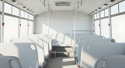 Obraz premium Sunlight streams across empty bus seats on isolated white background.