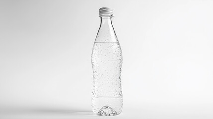 Transparent plastic water bottle with condensation droplets, filled with clear water, isolated on white background