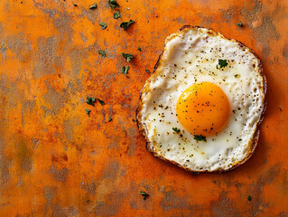 Top-down view of sunny-side-up fried egg on rough orange textured surface, warm tones, sharp focus on egg details, food styling for commercial use
