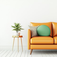 Stylish Modern Living Room with Bright Orange Sofa and Decorative Elements