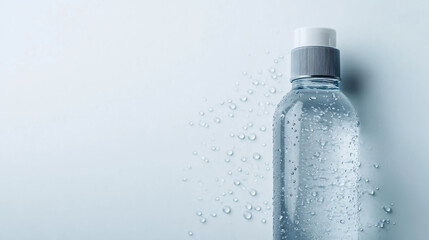 Transparent plastic water bottle with condensation droplets, filled with clear water, isolated on white background