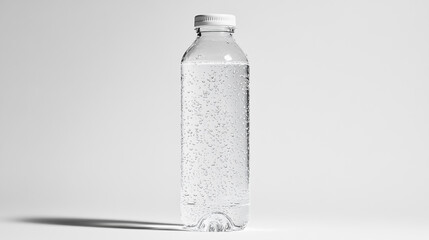 Transparent plastic water bottle with condensation droplets, filled with clear water, isolated on white background