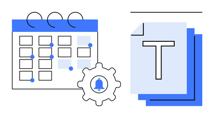 Calendar, gear with notification bell, and stacked documents highlight organization, planning, and task management. Ideal for productivity, scheduling, team collaboration, business strategy