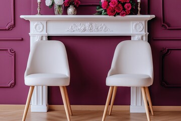 Elegant White Chairs Near Decorative Fireplace with Floral Arrangement