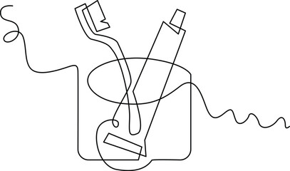 Continuous one line toothbrush and toothpaste, line art, one continuous line, simple, hand drawn and sketch style. for icons, symbols, signs or logos, Vector Illustration