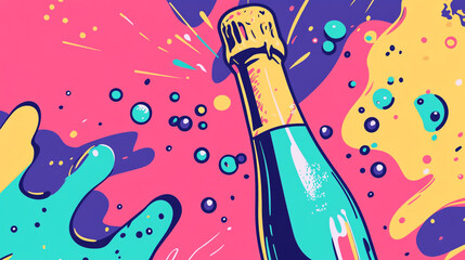 Vector illustration of a champagne bottle popping with cork flying and bubbly spray, clean lines, vibrant and festive style