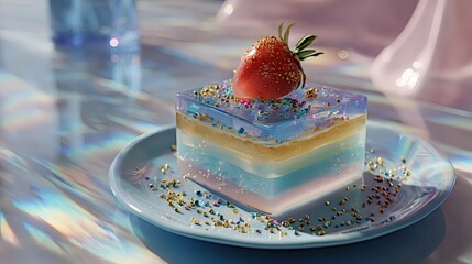 Fantasy Crystal Jelly Cake with Strawberry on Pastel Plate – Iridescent Dessert with Layered Gelatin and Glitter for Sweet Food Art Design