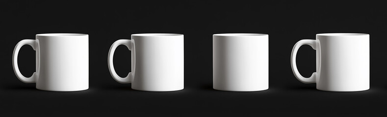 White mug mockup, on a black background, various angle shots of white mugs, all the same design and size, studio lighting