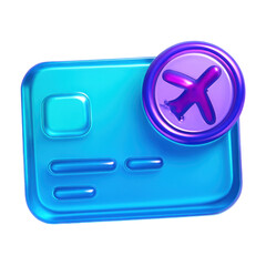 3D Translucent Icon Style of a Blue Credit Card with a Purple Airplane Symbol Indicating a Flight Booking or Travel Related Payment on Transparent Background