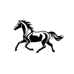 Black and white horse silhouette running in dynamic motion  