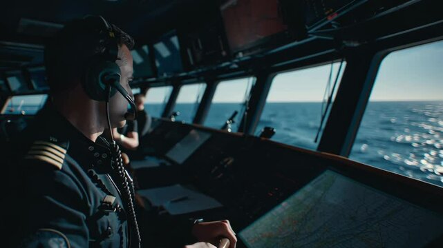 Ship captain wearing a headset is communicating over the radio while gazing out the window at the vast sea on a bright, sunny day, embodying the essence of maritime navigation