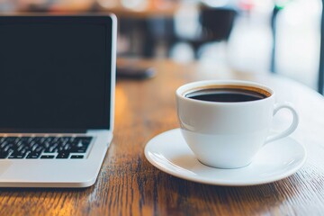 Coffee Cup With Laptop on Wooden Table in Cozy Cafe Setting
