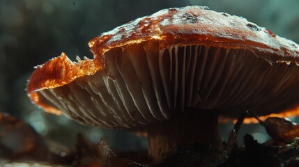 Slugdamaged mushroom with slime trail macro background image