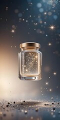 Floating Glass Jar with Gold Accents and Glitter Particles on Dark Background &ndash; Luxury Product Concept