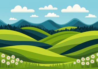 Obraz premium Vibrant Green Hills with Daisy Flowers and Blue Sky Background