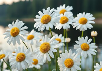 Fototapeta premium Beautiful Blooming Daisies Near Tranquil Water Body at Sunrise