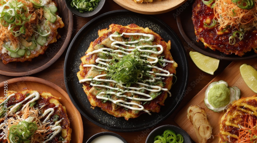 Poster a top-down view of a colorful okonomiyaki feast, featuring different variations on a wooden table, g