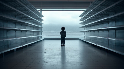 Fototapeta premium child staring at empty shelves, reflects economic imbalance