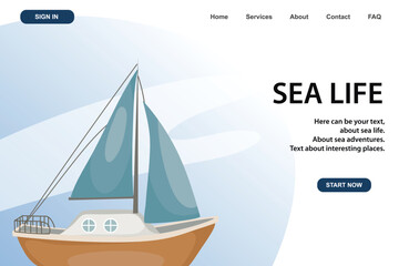 Yacht. Boat with sails. Marine, sea coast, sea life, nautical concept. Vector illustration. Website, banner template.
