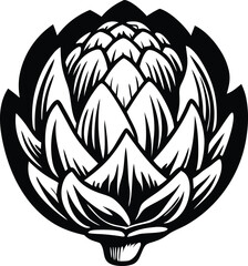 Obraz premium Stylized black and white illustration of an artichoke with layered petals and a detailed base presented in a clean graphic design