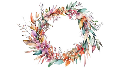Elegant watercolour floral wreath with pink green colours on white background 