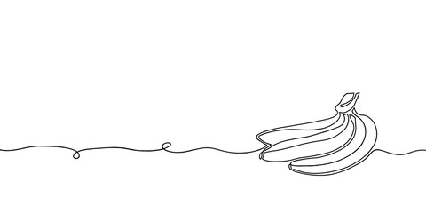 Continuous one line art bananas with copy space isolated on white background. Hand drawn simple black line doodle perfect for food or health-related designs.