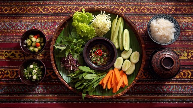 A top-down view of a colorful Thai meal featuring chili dip served with an assortment of fresh vegetables, creating a vibrant and appetizing atmosphere for a healthy feast. - Powered by Adobe