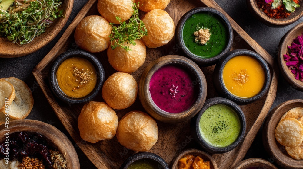 Poster a top-down view of a festive pani puri spread, featuring a variety of puris and colorful chutneys, c