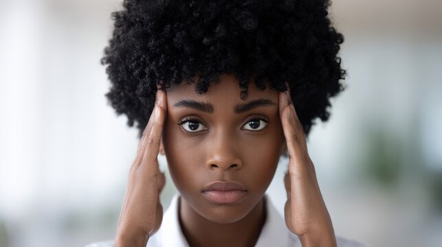 A young woman with curly hair holds her temples, expressing stress or deep thought in a softly lit indoor setting.