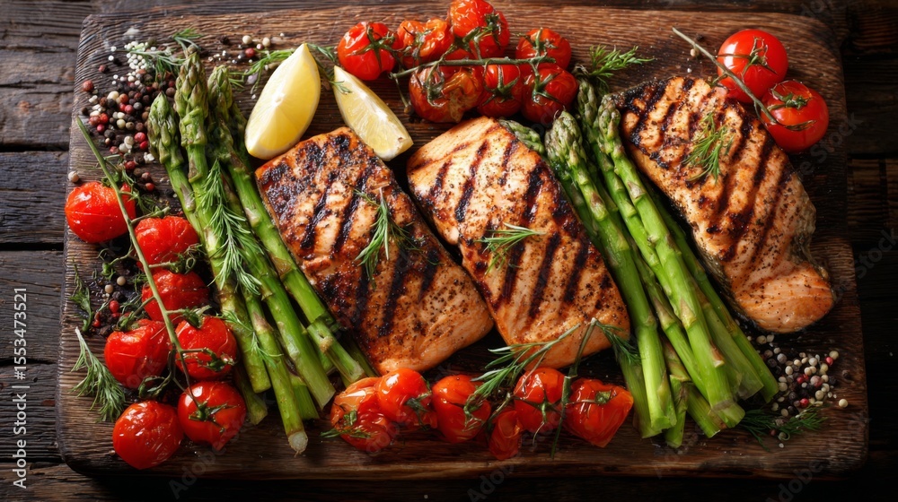 Poster a top-down view of a rustic wooden table with grilled salmon steaks, accompanied by asparagus and ch