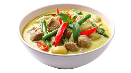 A bowl of delicious curry with vegetables and spices. transparent background