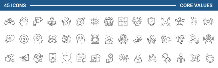 Core value set of web icons in line style. Core values icons for web and mobile app. Performance, innovation, goals, integrity, customer, commitment, quality, teamwork. Vector illustration