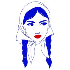 Abstract attractive young women with long hair half-turn portrait close-up, nave blue outline on white background.