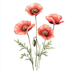 Obraz premium Red poppy flower with green leaves and stem in watercolor botanical illustration style