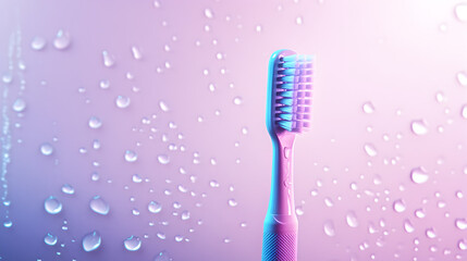 Artistic neon lit toothbrush with water droplets on a pastel colored background