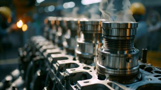 Polished metal cylinders are attached to engine block in blurred industrial environment, suggesting ongoing assembly process for marine engine