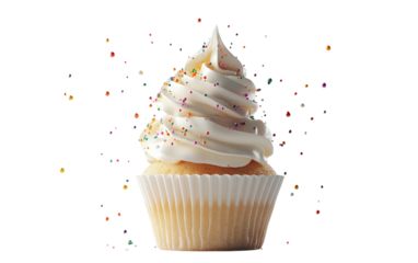 Fluffy vanilla cupcake crowned with elegant frosting swirl delivering a delightful balance of tender cake texture and sugary richness isolated on transparent background PNG
