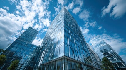 Modern glass skyscrapers against a blue sky