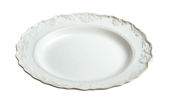 Classic white dinner plate featuring an elegant rim design crafted for sophisticated table settings and timeless dining presentation isolated on transparent background PNG