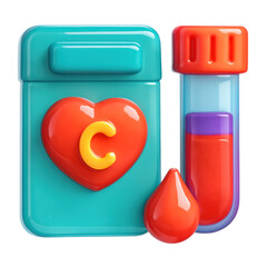 3D Translucent Icon Style of Medical Blood Sample with Red Heart Symbol and Blood Drop on Transparent Background