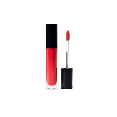 Obraz premium A close-up view of a red lip gloss tube and applicator showcasing the glossy texture.